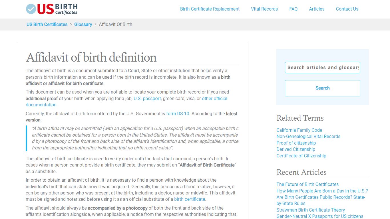 Affidavit of Birth Definition - US Birth Certificates