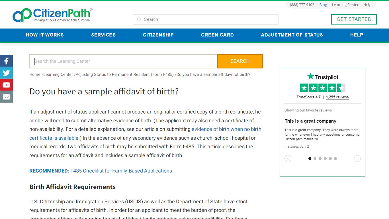 Sample Affidavit of Birth for Form I-485 | CitizenPath